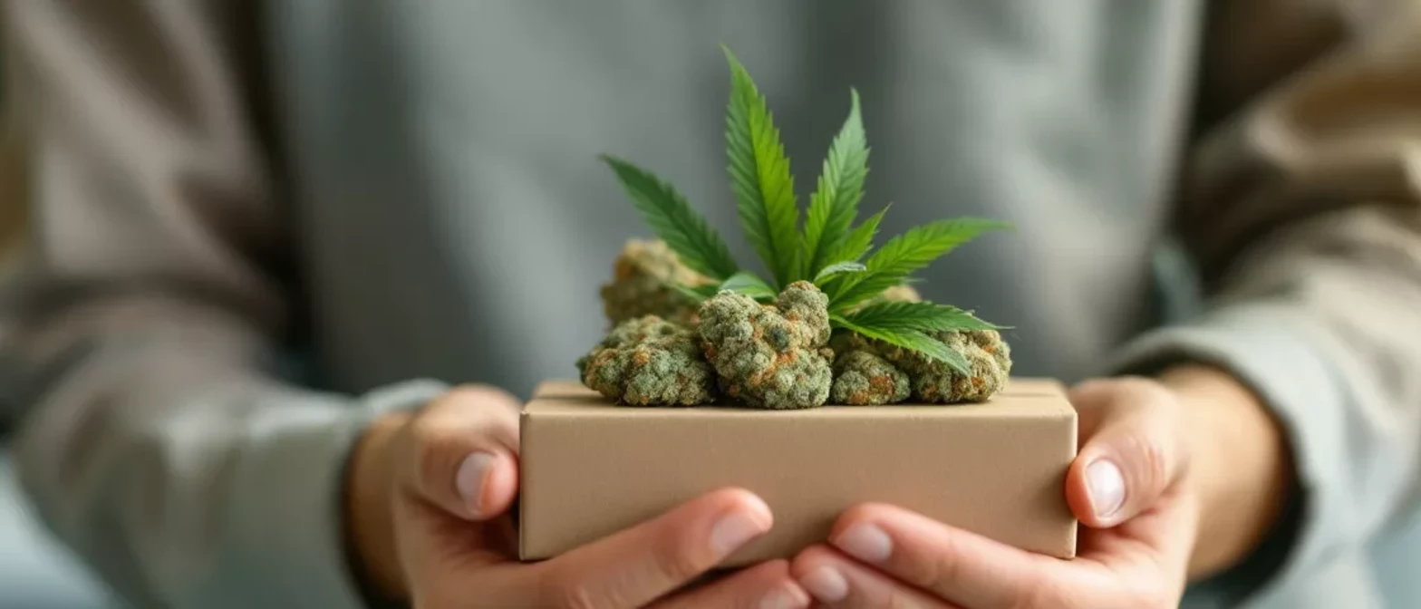 Hands holding a gift box with cannabis buds and leaves
