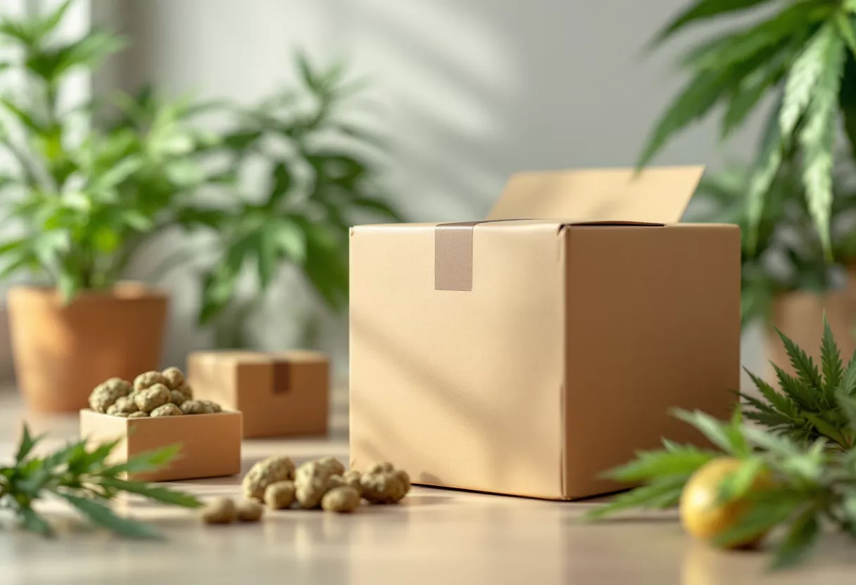 A brown box surrounded by cannabis plants and products