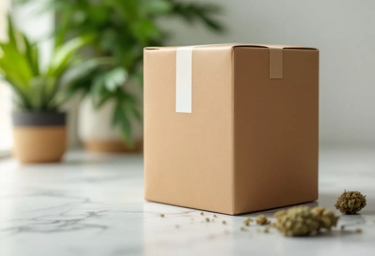 A brown box on a marble surface with plants
