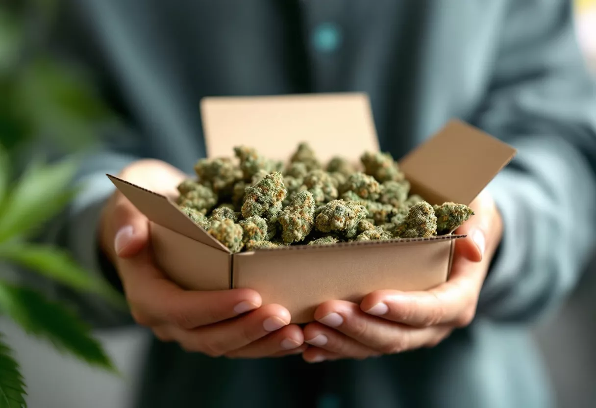 Hands holding a box filled with cannabis buds
