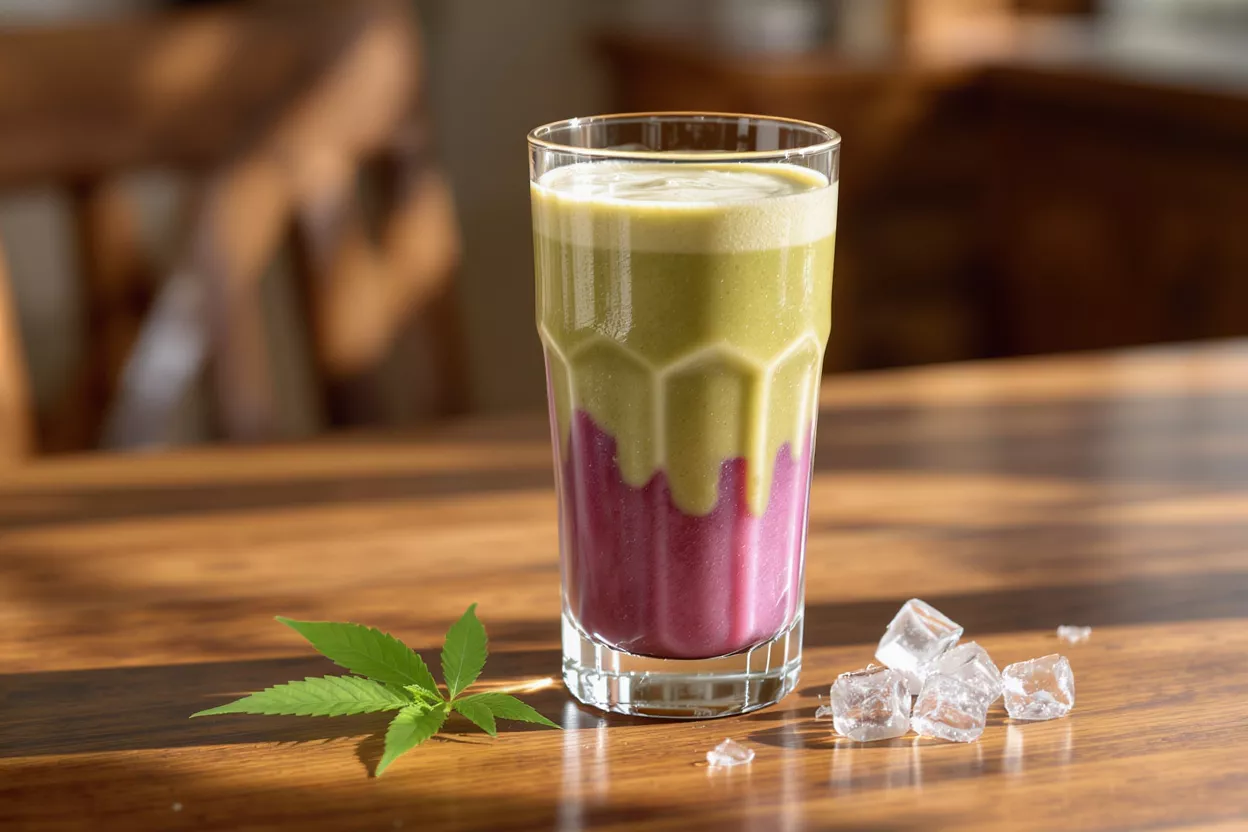 A vibrant layered smoothie with cannabis leaf and ice on a wooden table.