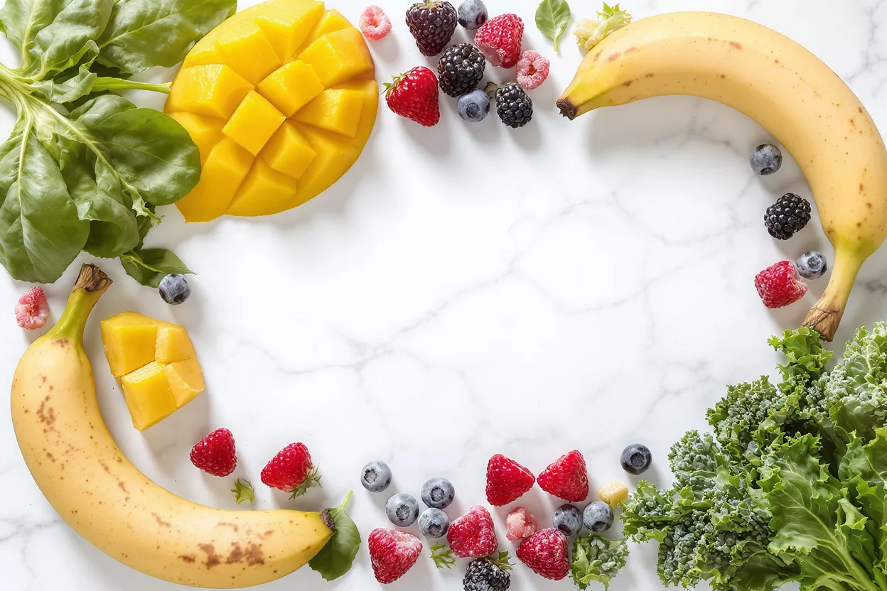 Assortment of fresh fruits and vegetables on a white marble surface.
