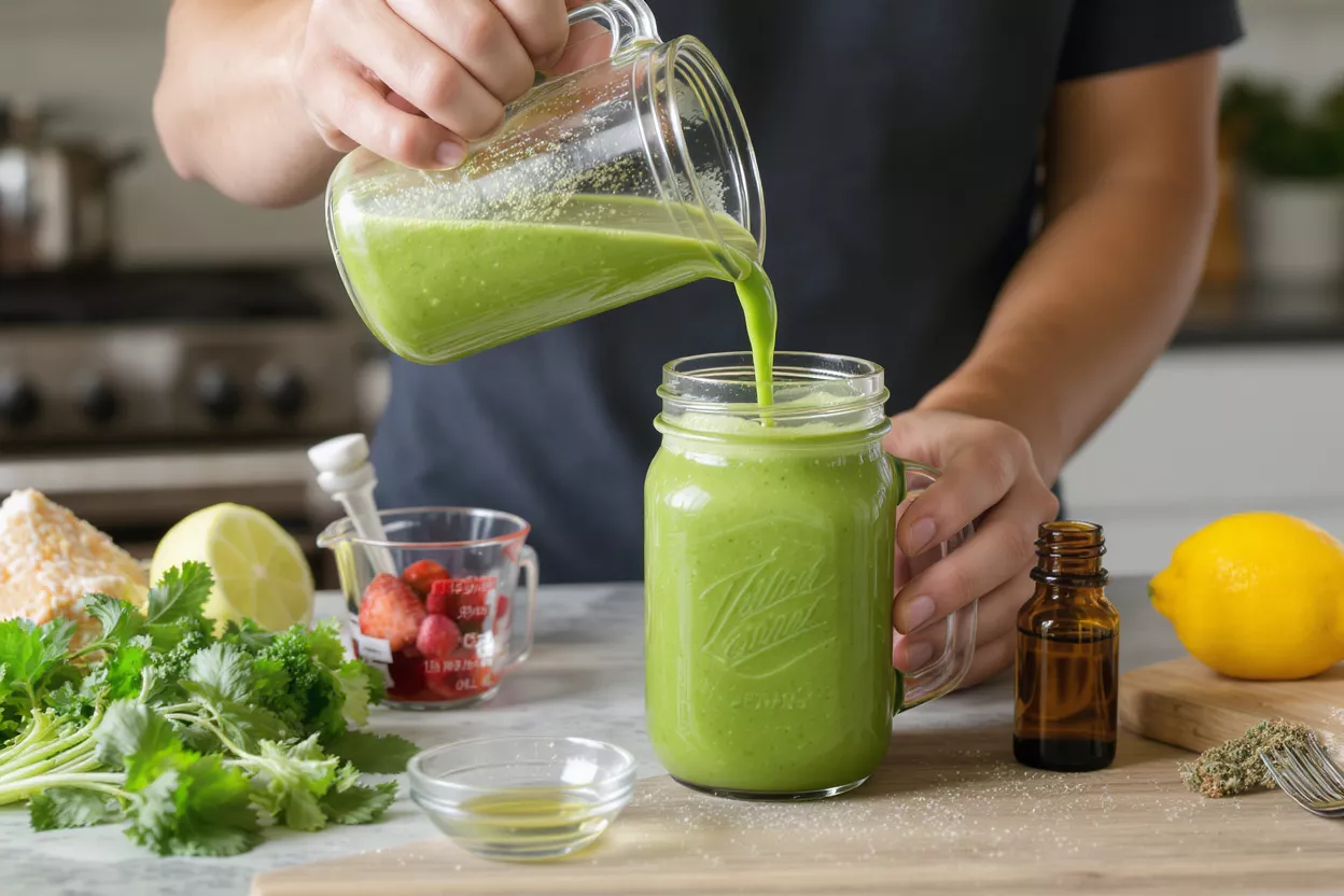 A person pouring a vibrant green smoothie from a pitcher into a mason jar.