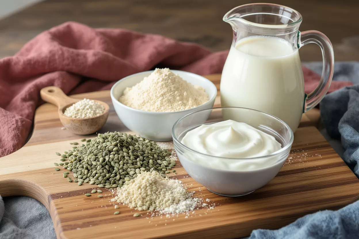 Various plant-based ingredients for dairy alternatives including seeds, flour, milk, and yogurt.