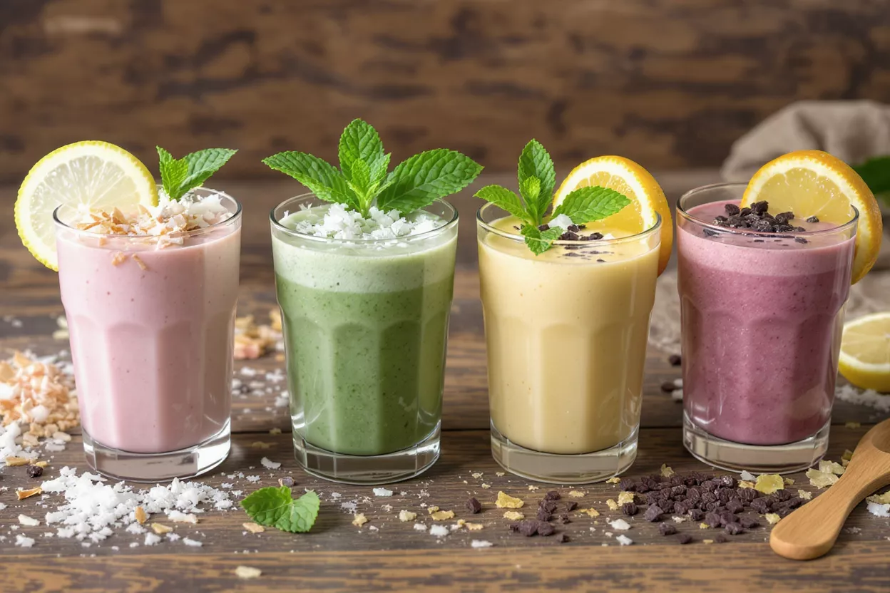Four colorful fruit smoothies in glasses on a rustic wooden background.