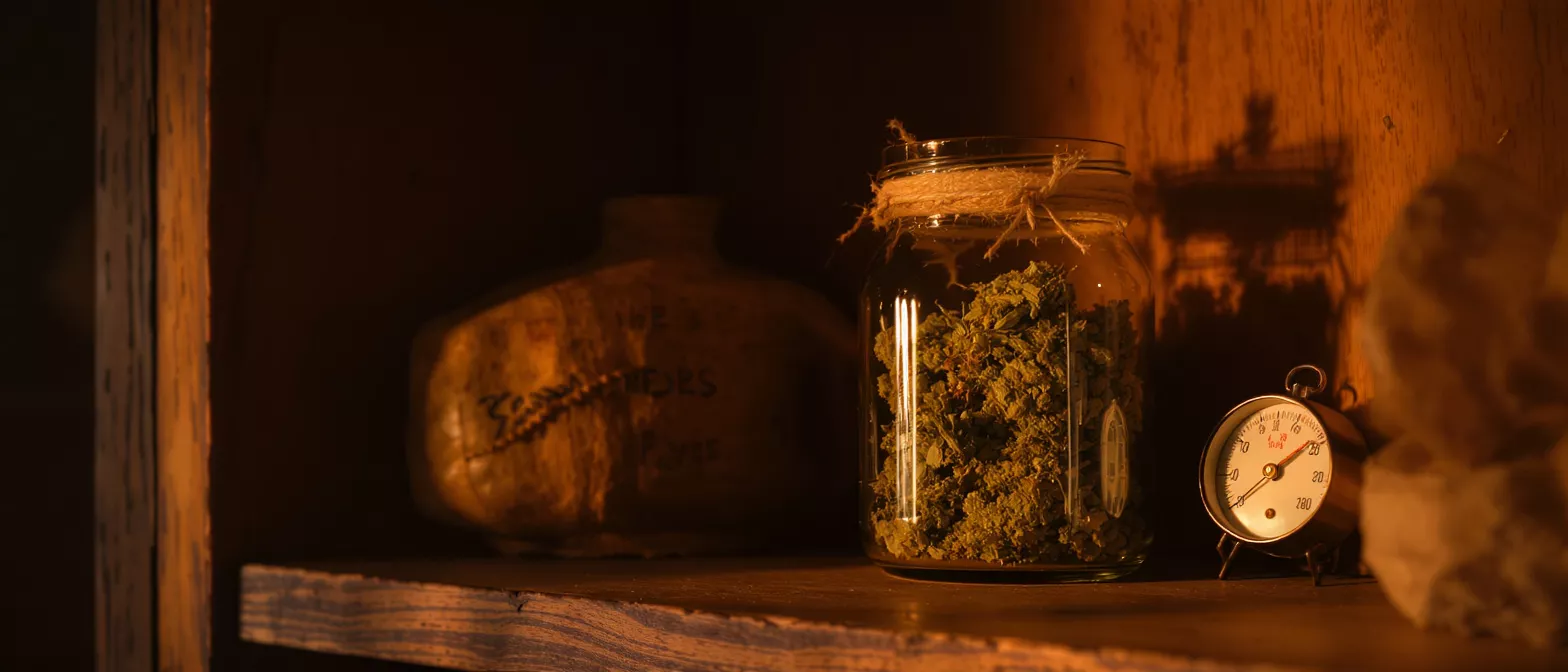 A glass jar filled with cannabis buds, tied with twine, on a wooden shelf.