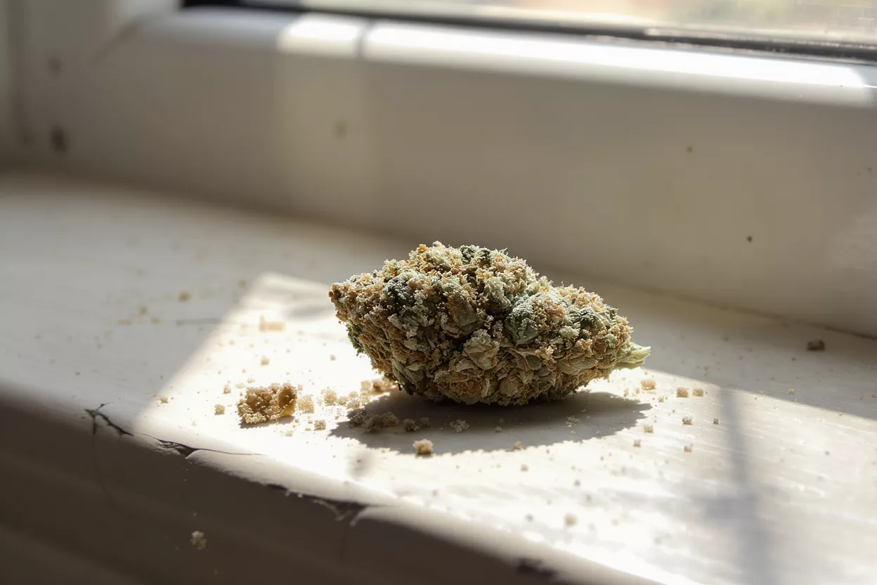 Cannabis Bud in Sunlight A single cannabis bud with kief on a white windowsill in bright sunlight.