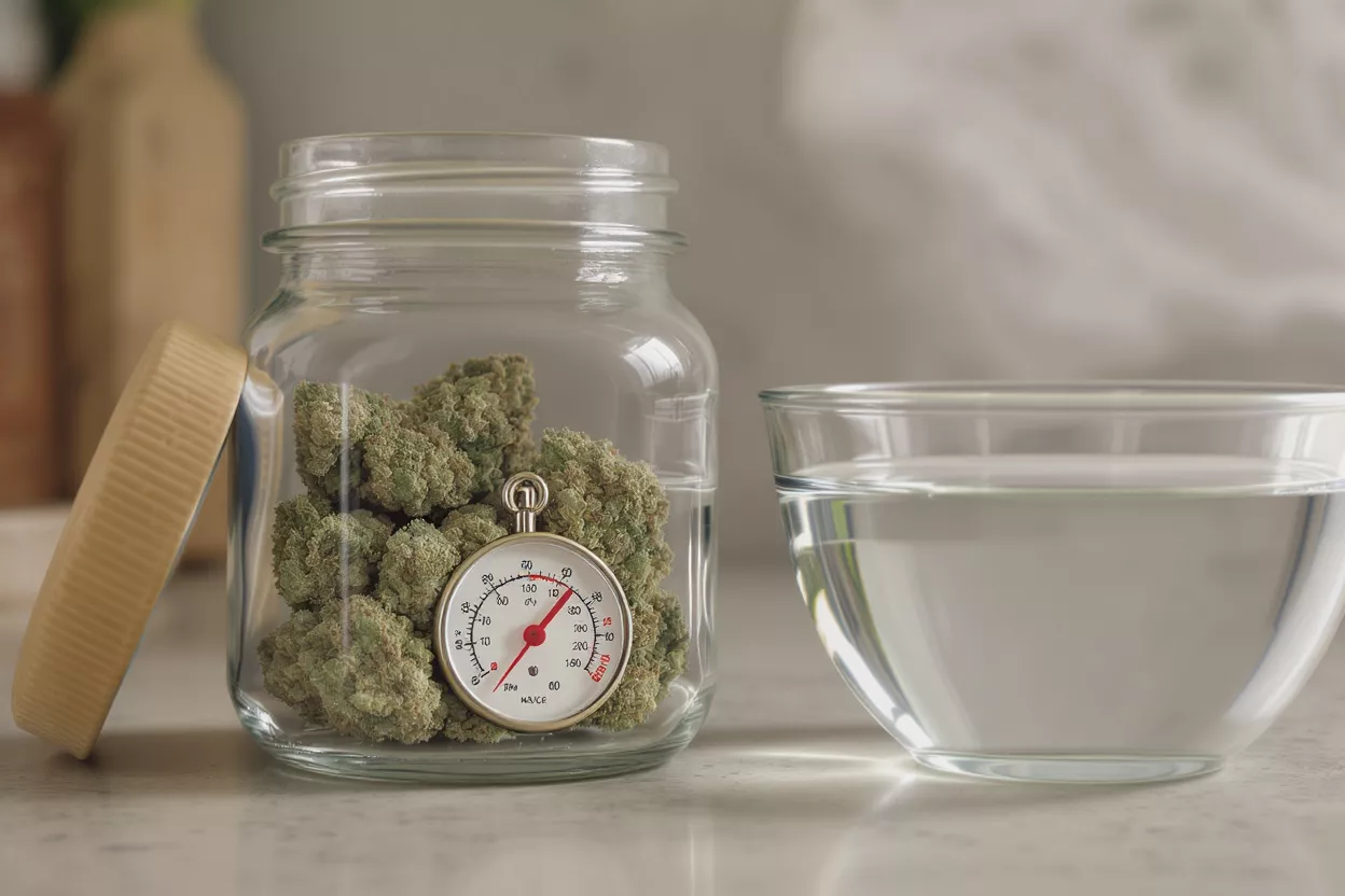 Cannabis Curing Jar with Hygrometer Cannabis buds in a glass jar with a hygrometer and a bowl of water.
