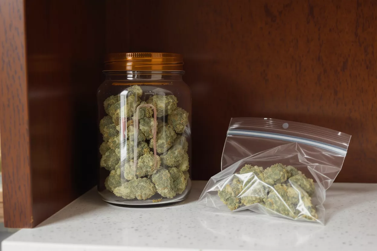 Cannabis Buds in Jar and Bag Cannabis buds stored in a glass jar and a small plastic bag.