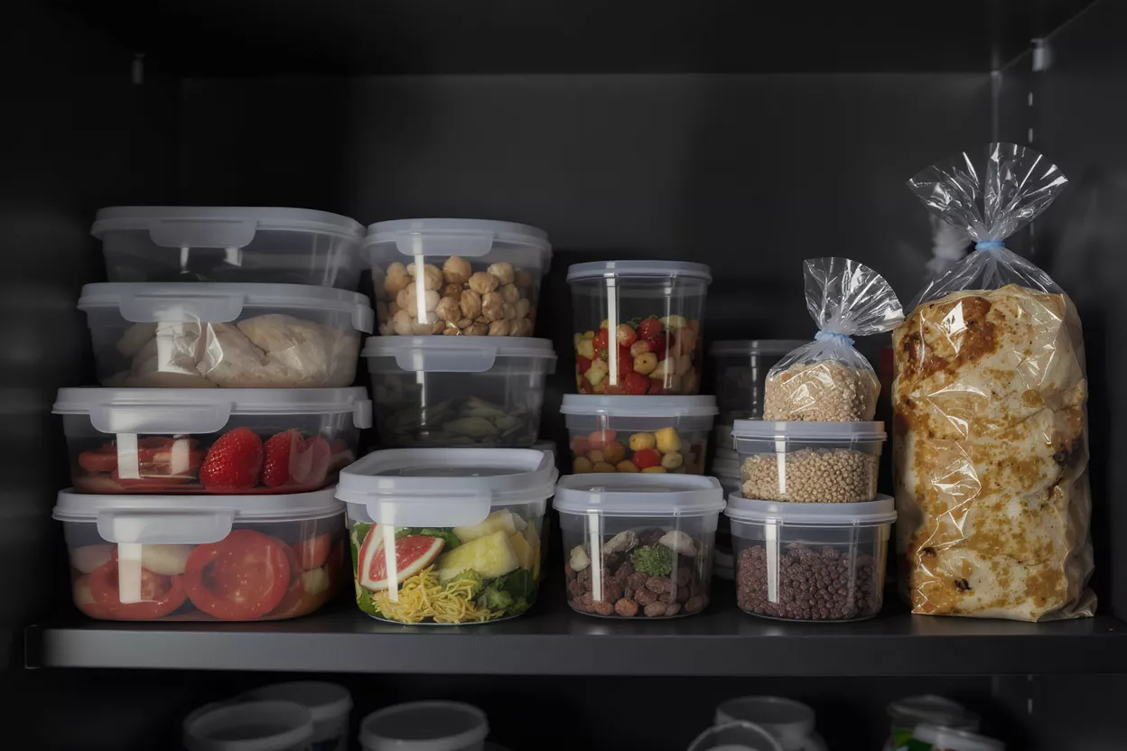 Organized Food Storage Containers Various food items stored neatly in clear plastic containers on a dark pantry shelf.