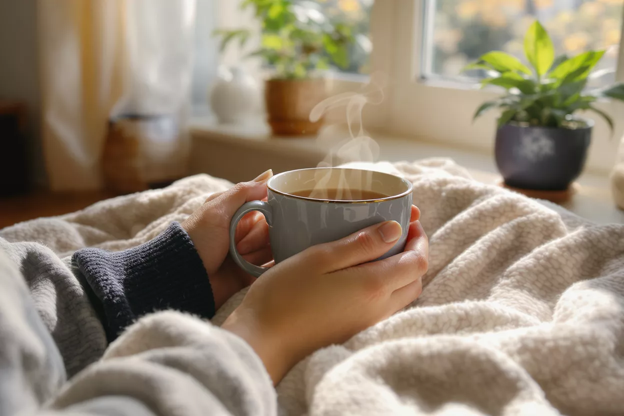 Hands holding a steaming cup of coffee