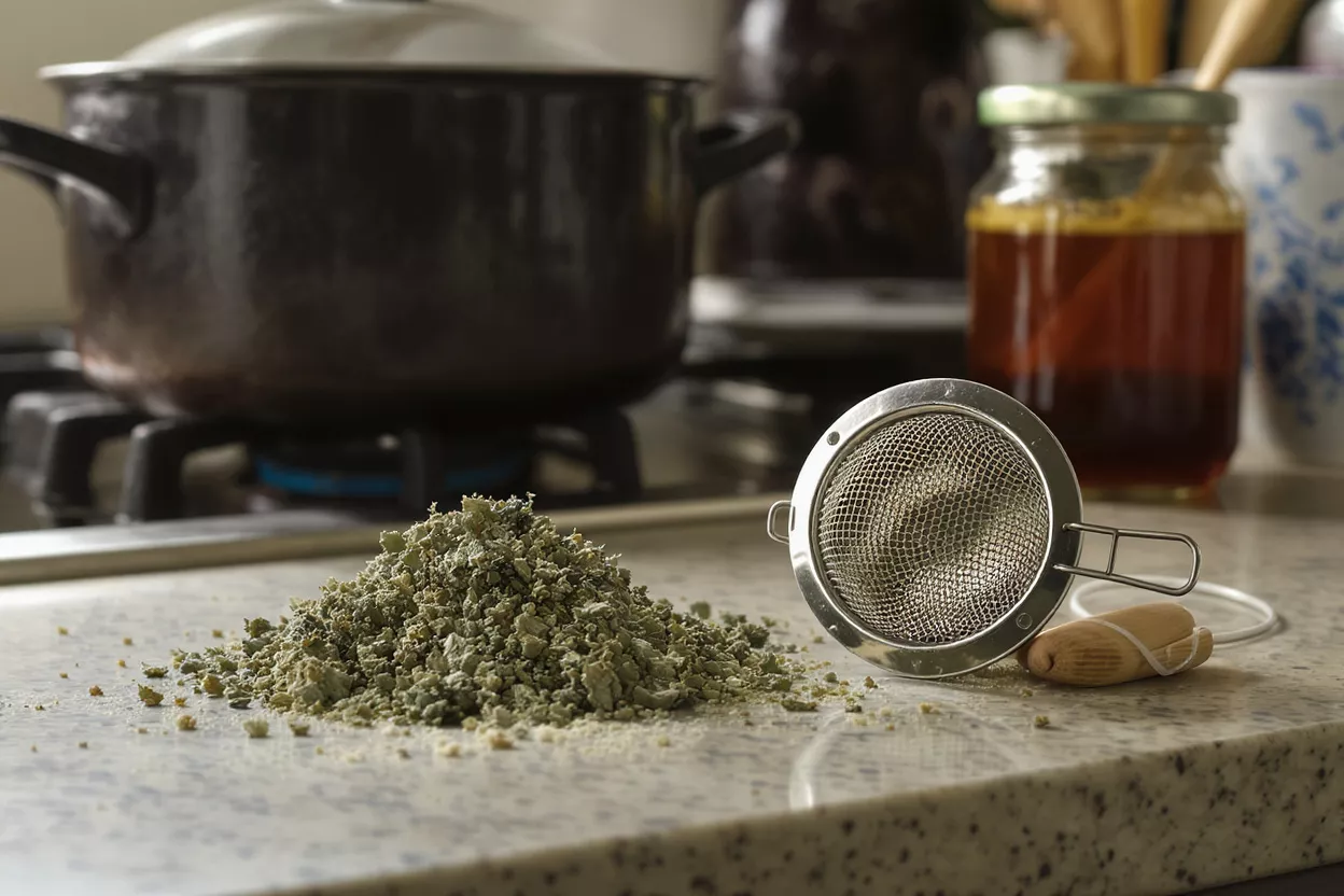 A sifter and herb pile on a kitchen counter