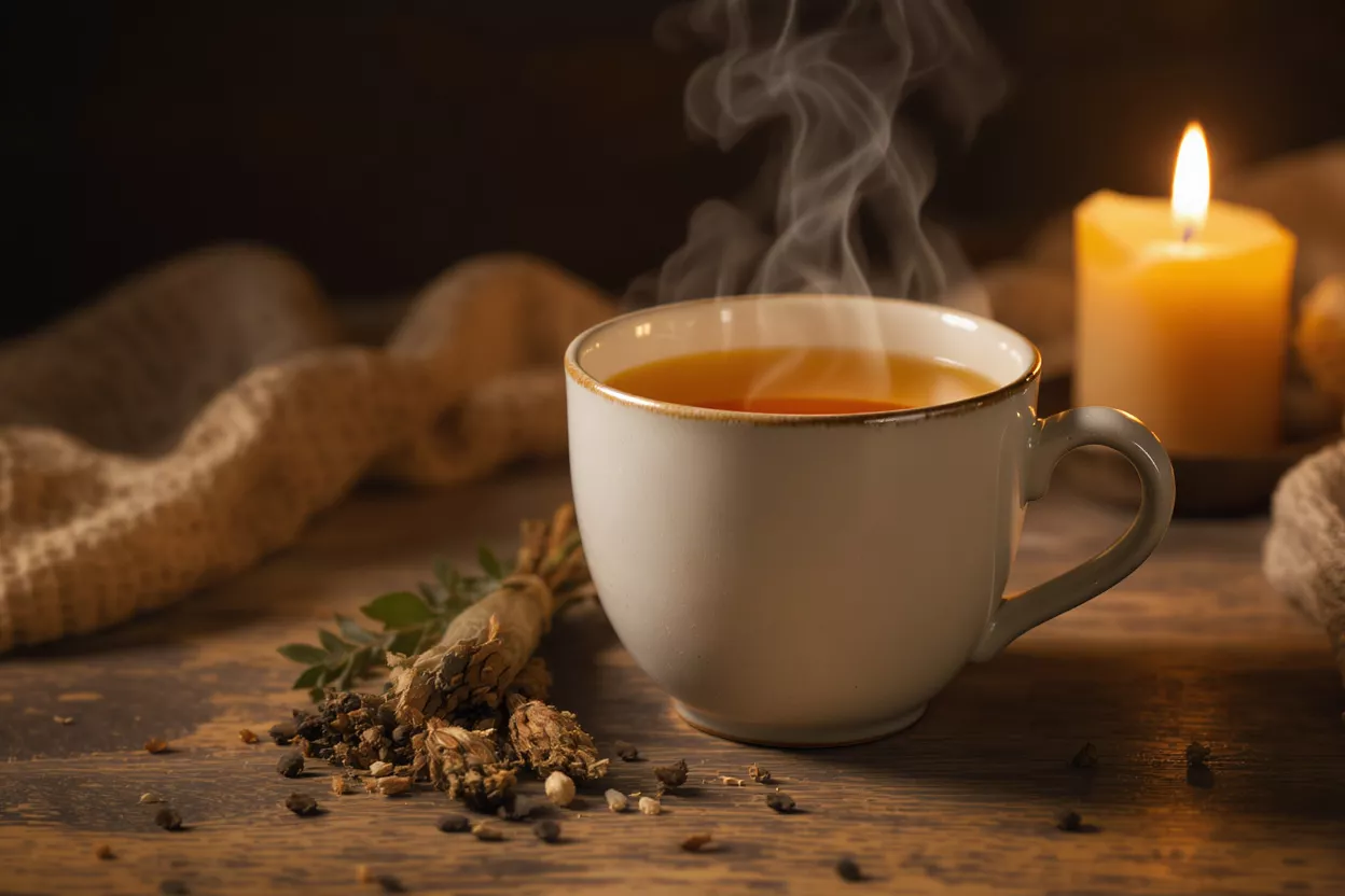 A steaming cup of herbal tea next to a candle