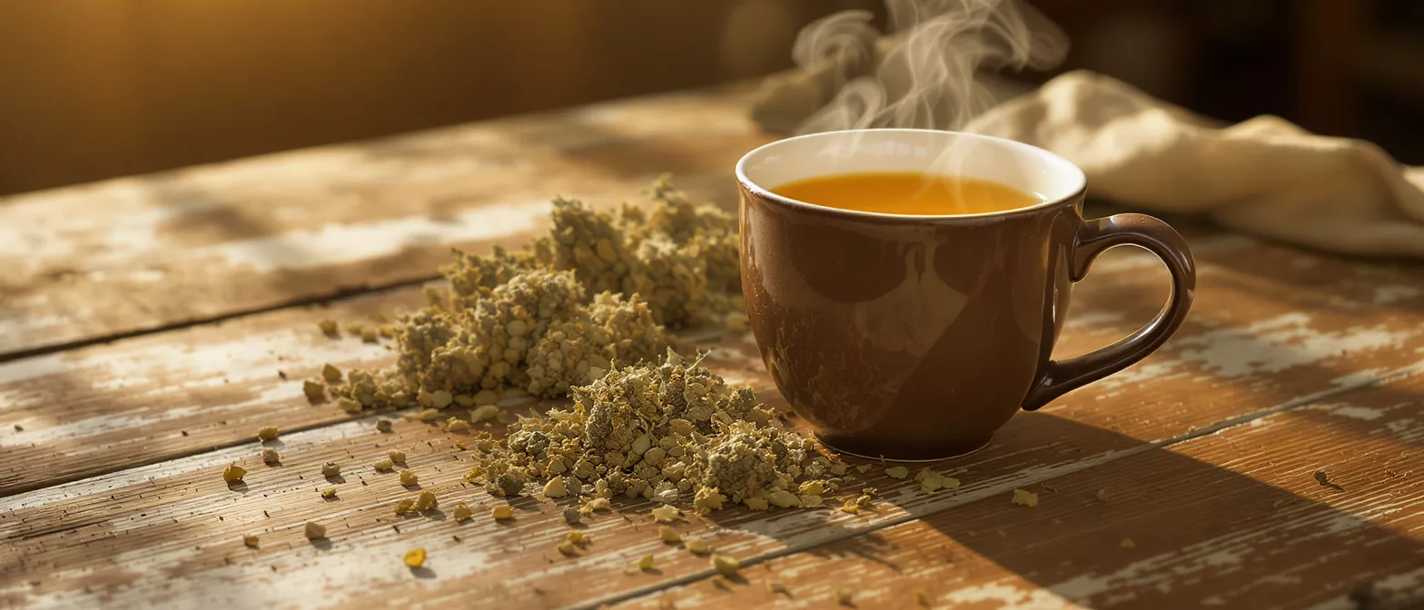 Steaming cup of herbal tea next to piles of dried herbs on a rustic wooden table.