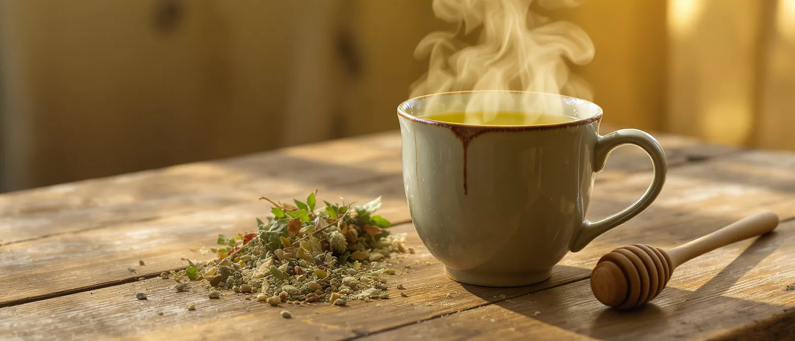 A steaming cup of tea beside herbs and honey