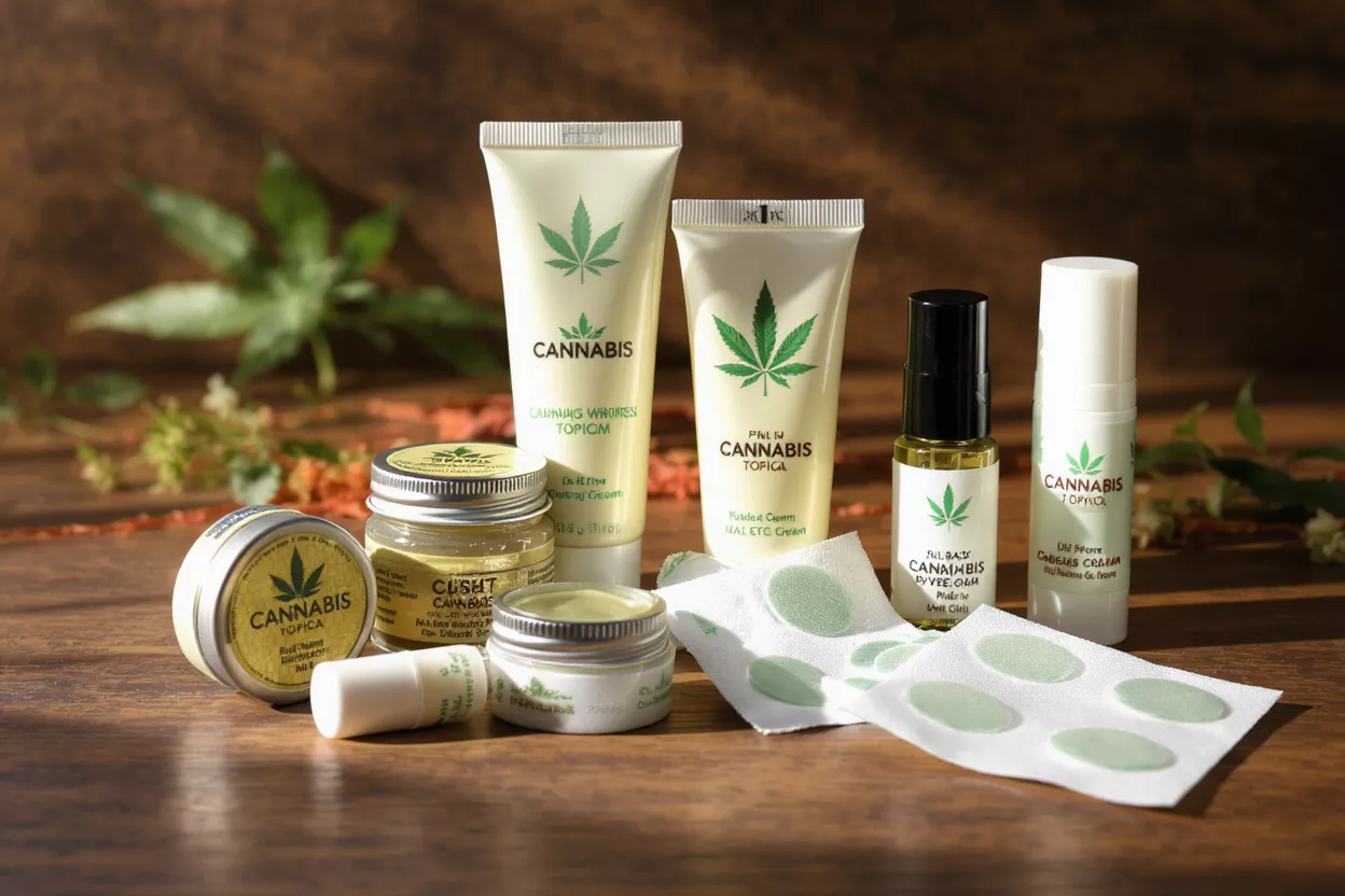 A variety of cannabis topical products including creams, balms, and patches.