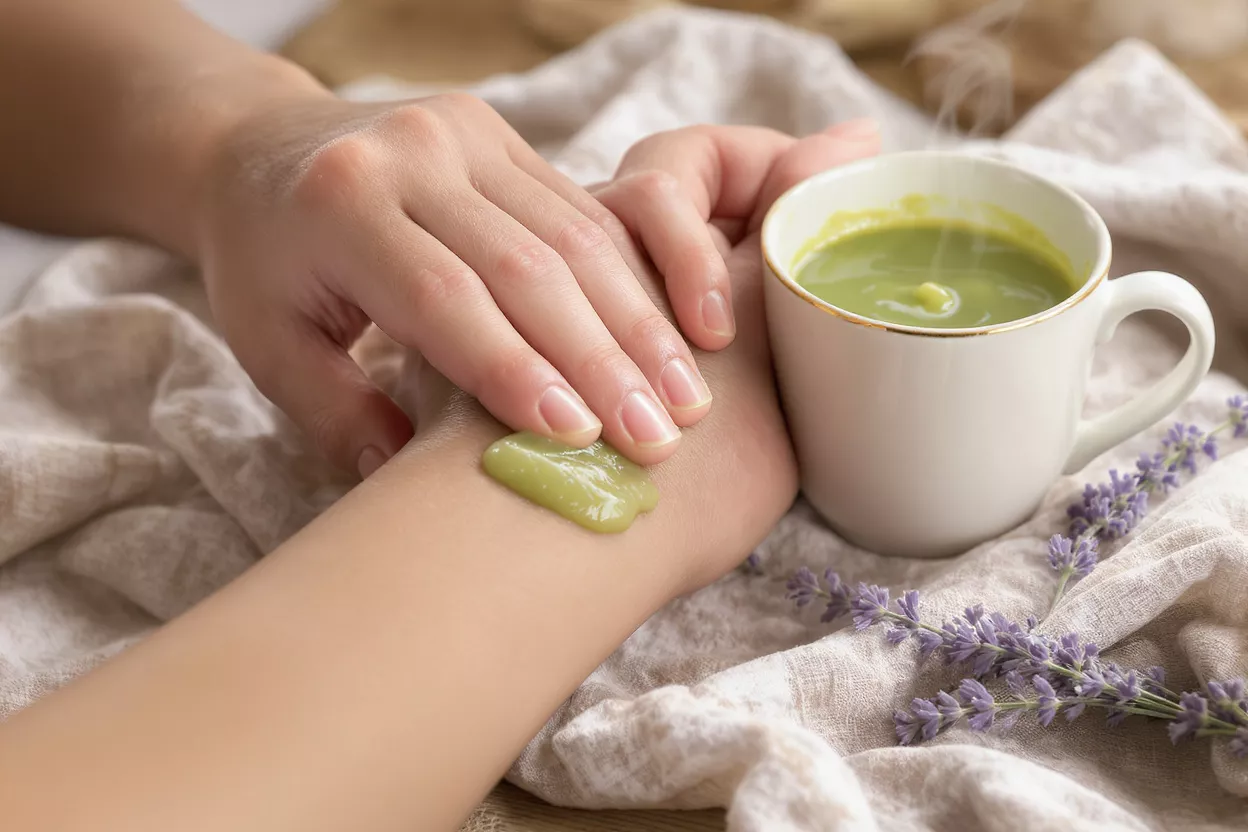 Hands applying green matcha cream to skin next to a cup and lavender.