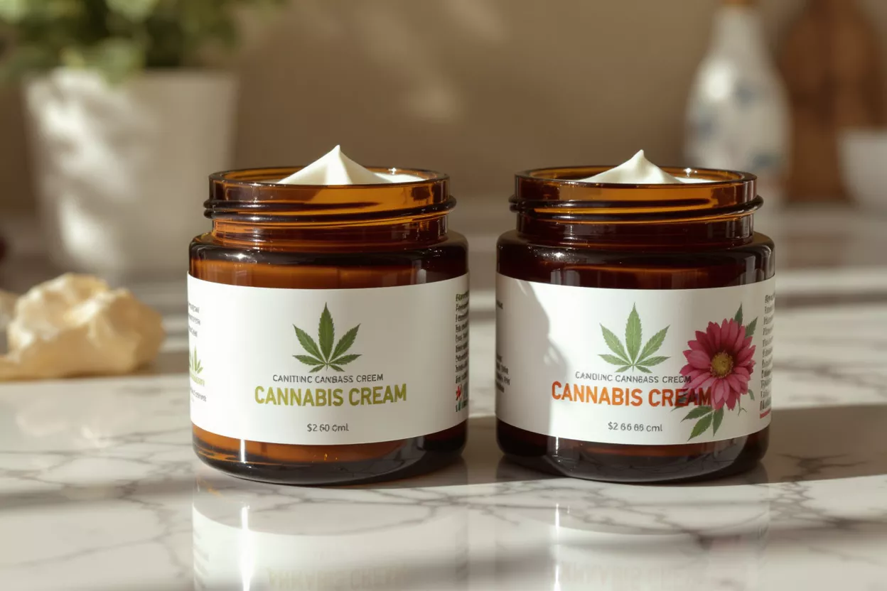 Two open amber jars of cannabis cream on a white marble surface.