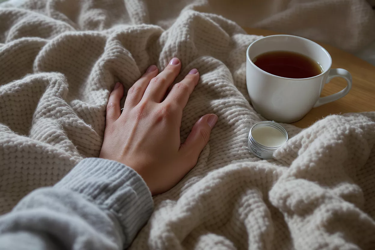 Hand on knitted blanket with tea and balm for ultimate comfort.