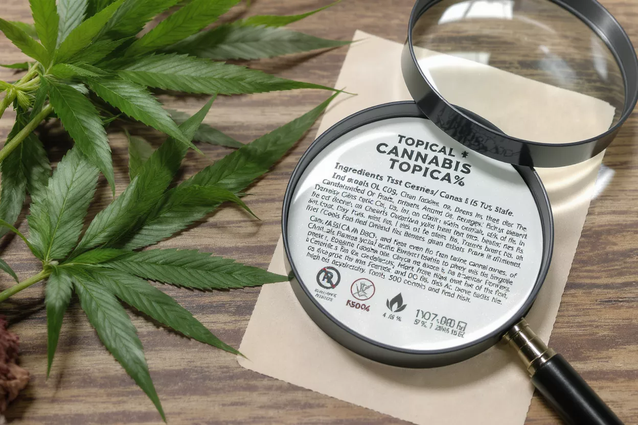 Cannabis leaves and a magnifying glass over topical cannabis product information.