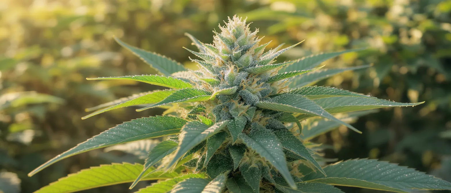 Close-up of a vibrant cannabis plant bud covered in trichomes, bathed in sunlight.