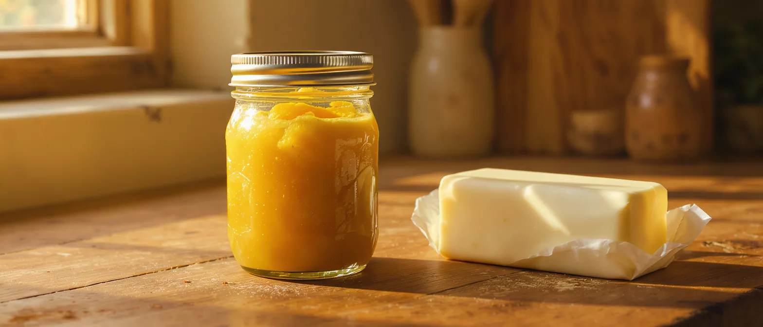 Jar of apple butter and a stick of butter on a wooden counter.