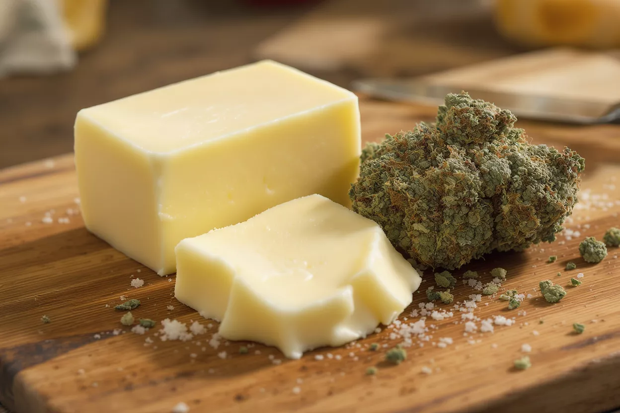 Cannabis Butter Ingredients A block of butter, a pat of butter, and a cannabis bud on a wooden board.