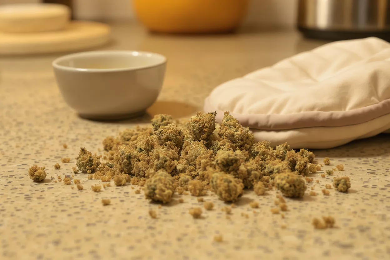 Cannabis Moon Rocks on a Kitchen Counter A pile of kief-coated cannabis buds, known as moon rocks, on a countertop.