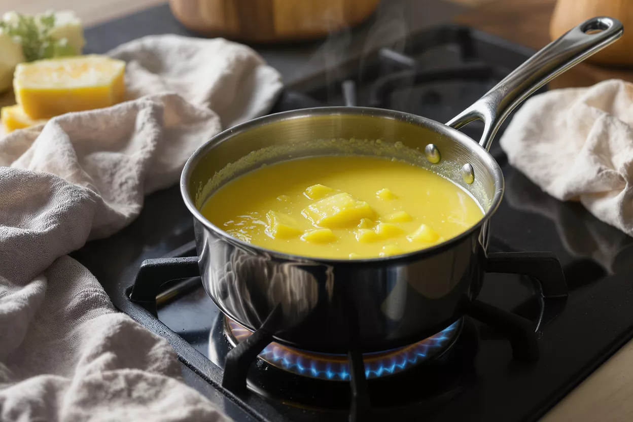 Simmering Yellow Soup on Stove A stainless steel saucepan with yellow soup and potato chunks simmering on a gas stove.