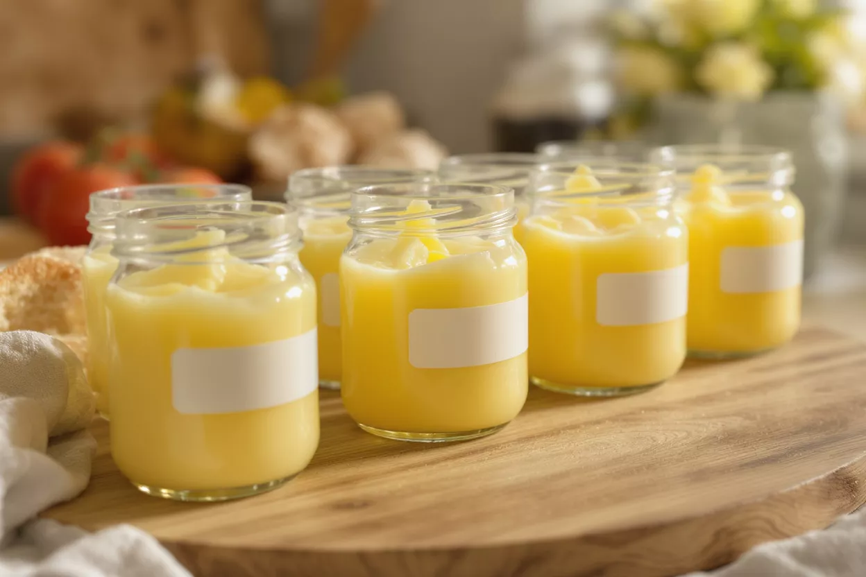 Homemade Lemon Curd in Small Glass Jars Several small glass jars of bright yellow lemon curd on a wooden cutting board.
