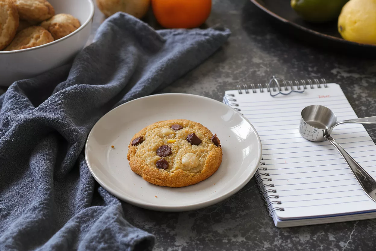 Chocolate Chip Macadamia Nut Cookie A single chocolate chip and macadamia nut cookie on a white plate.