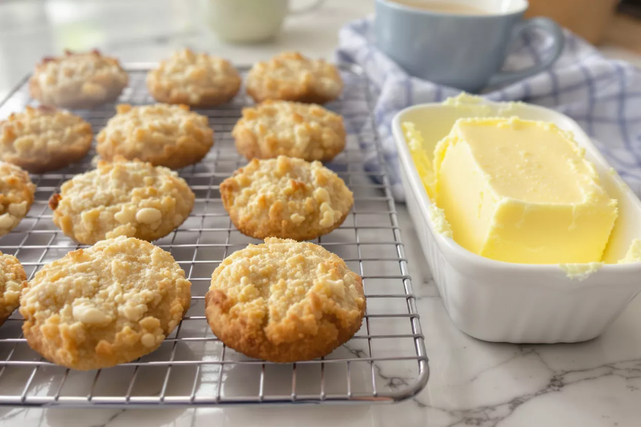 Freshly Baked Butter Crumble Cookies Golden brown crumble cookies cooling on a wire rack next to a dish of butter.