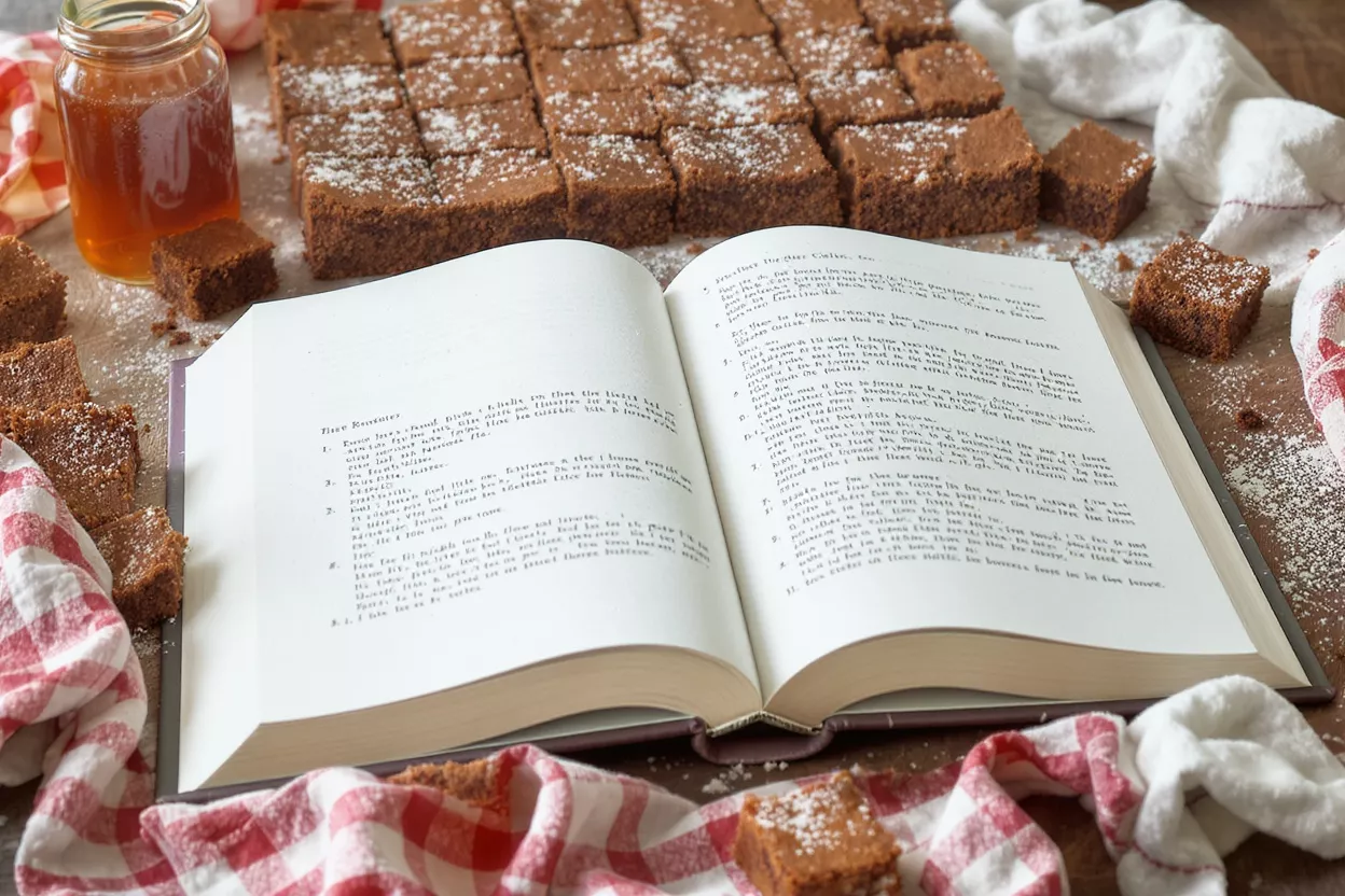 Freshly Baked Brownies and Cookbook Numerous square brownies with powdered sugar, an open cookbook, and a jar of honey.