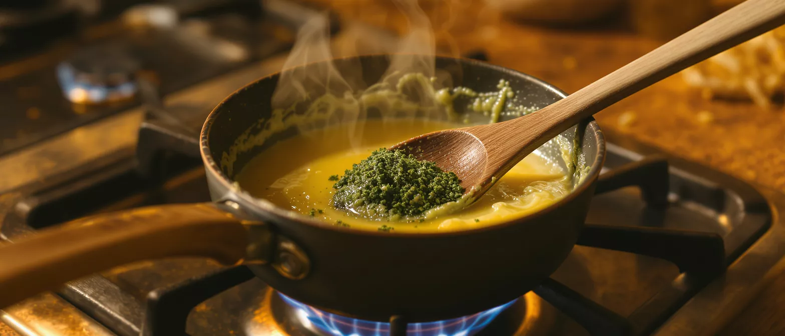 A pan of yellow sauce simmering on a gas stove with a wooden spoon holding green herbs.