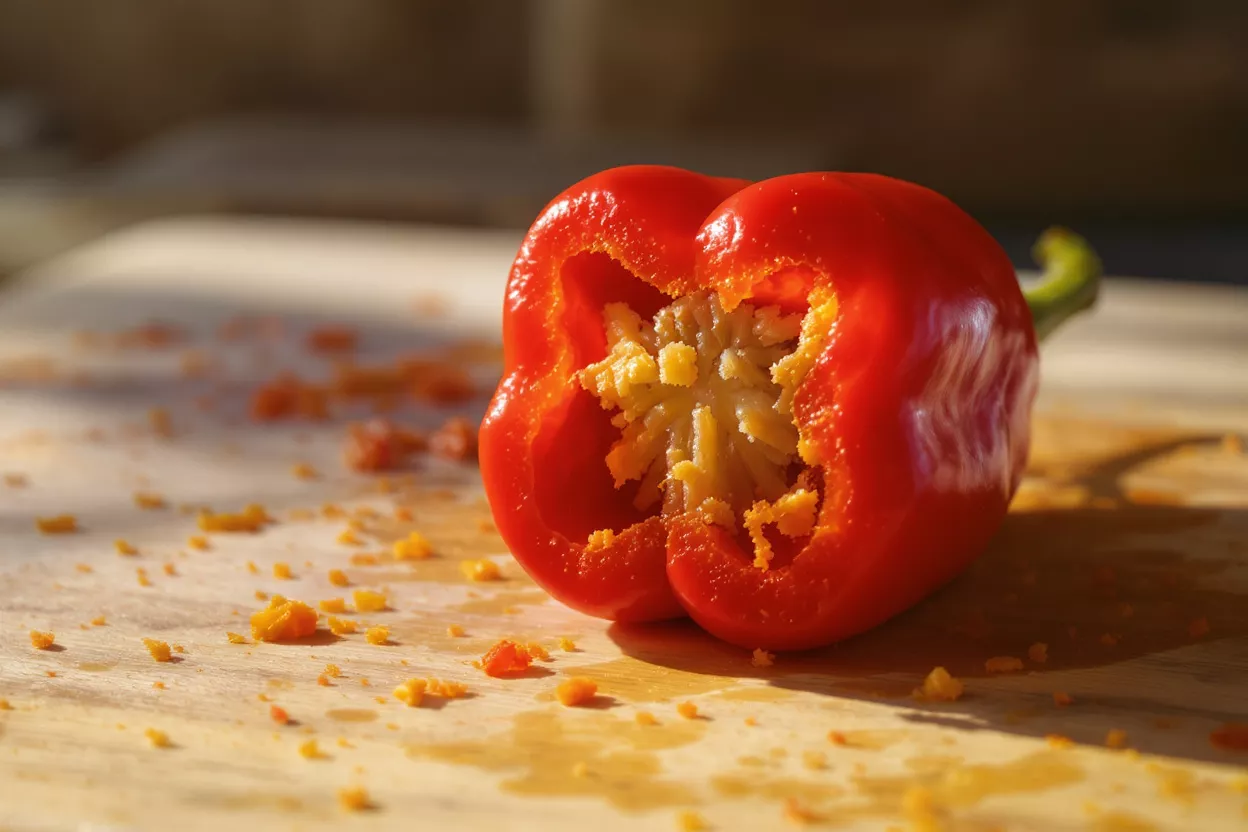 A vibrant red bell pepper, cut open, revealing its seeds and inner core on a wooden chopping board.