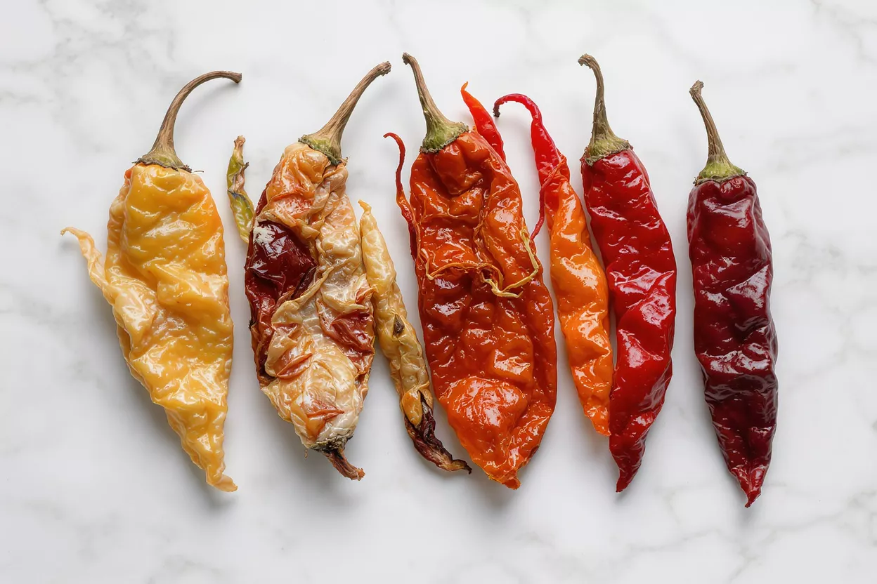 A row of six dried chili peppers in various shades of yellow, orange, and red.