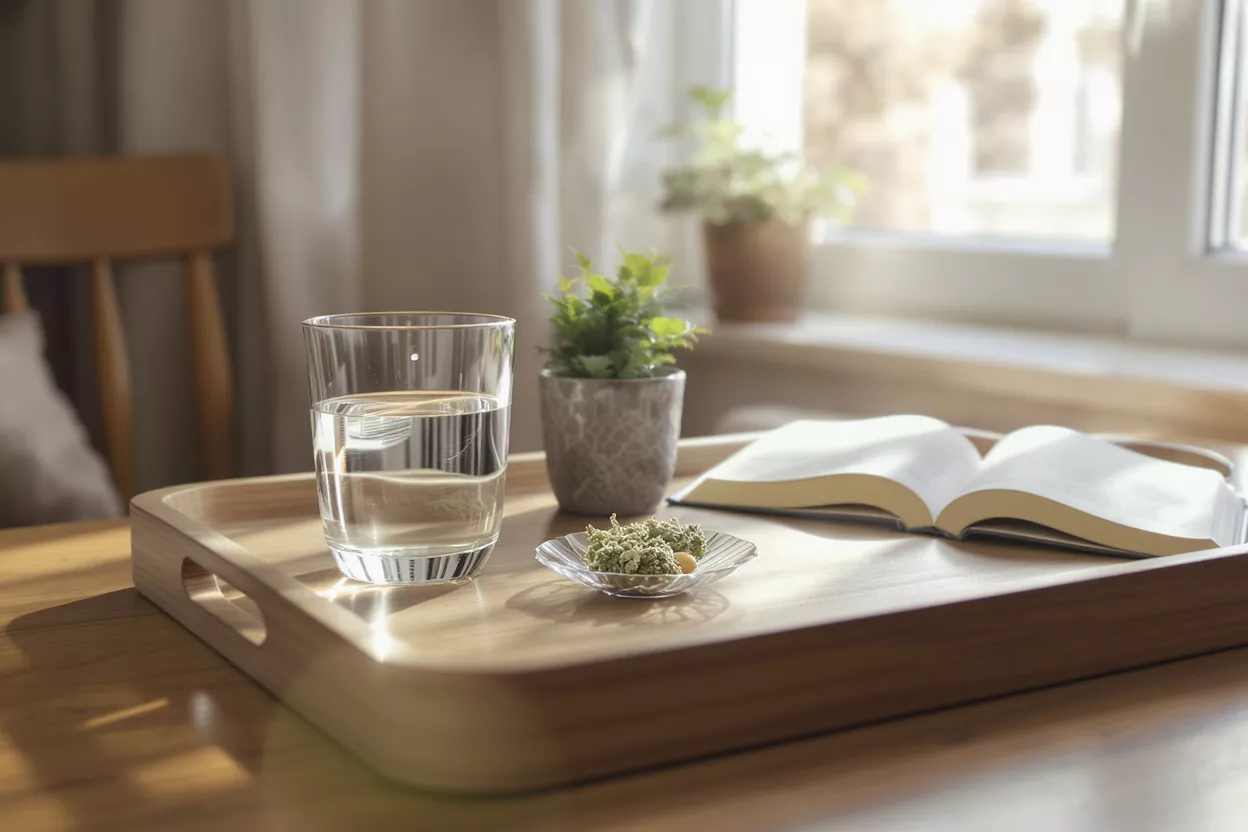 A wooden tray with water, plant, and open book by a sunlit window.