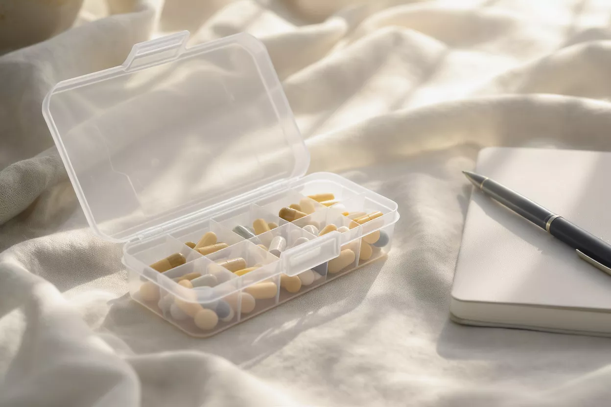 Open pill organizer filled with various pills, next to a notebook and pen.
