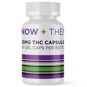 25mg THC capsules bottle with colorful label and 30 gel caps per container.
