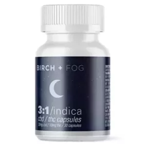CBD THC Capsules by BIRCH + FOG 3:1 Indica blend 25mg/10mg.