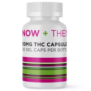 NOW + THEN 50MG THC capsules bottle with colorful label and white cap.