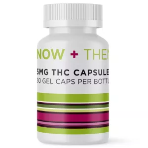 Capsules bottle with 5mg THC, NOW + THEN branding, 30 gel caps per bottle.