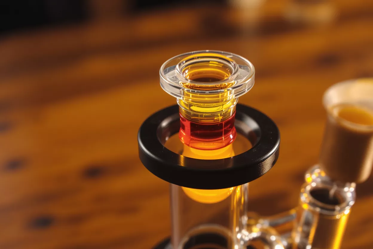 Close-up of a glass dab rig with amber and red oil inside, on a wooden surface.
