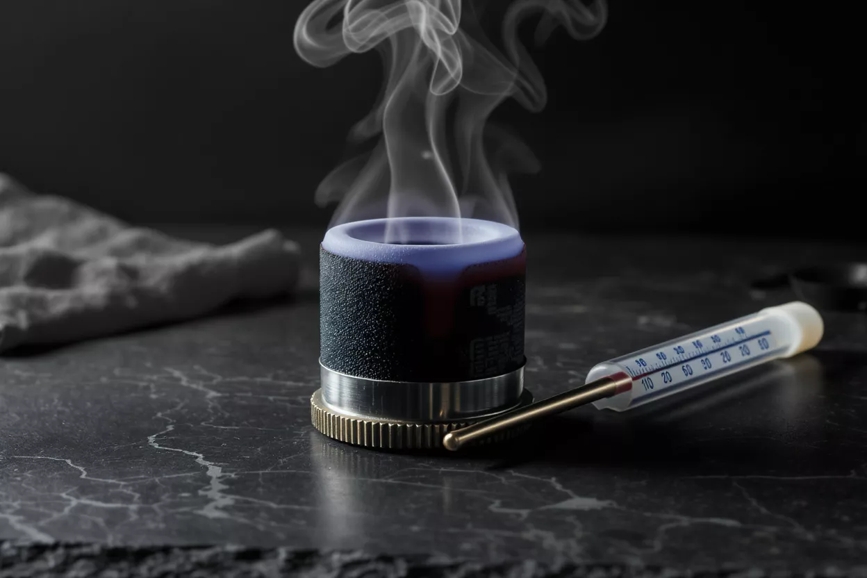 A smoking temperature gauge with a thermometer on a dark marble surface.