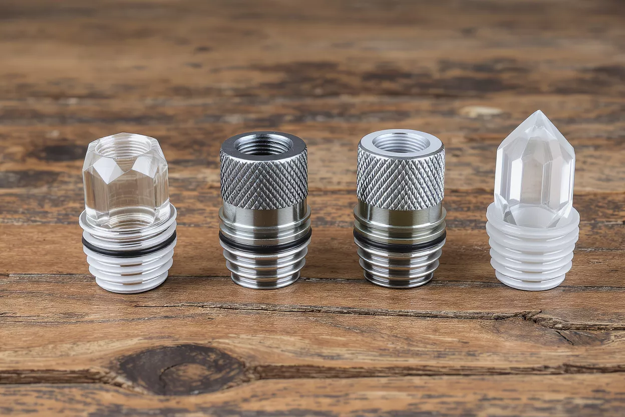 Four different vape drip tips on a wooden surface, two metal, two clear.