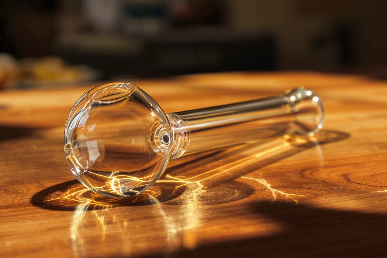 A clear glass pipe resting on a wooden table, illuminated by sunlight.