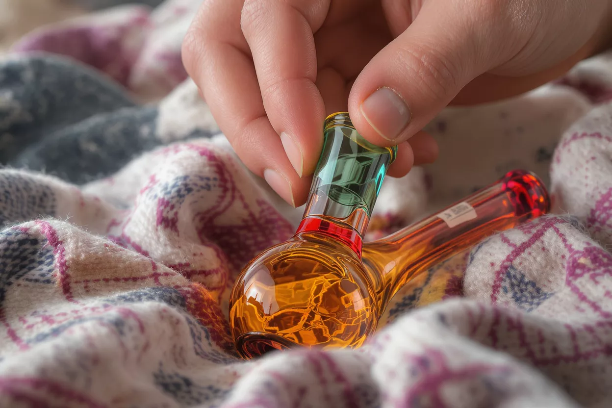 Hand holding a colorful glass pipe on a patterned blanket, close-up.