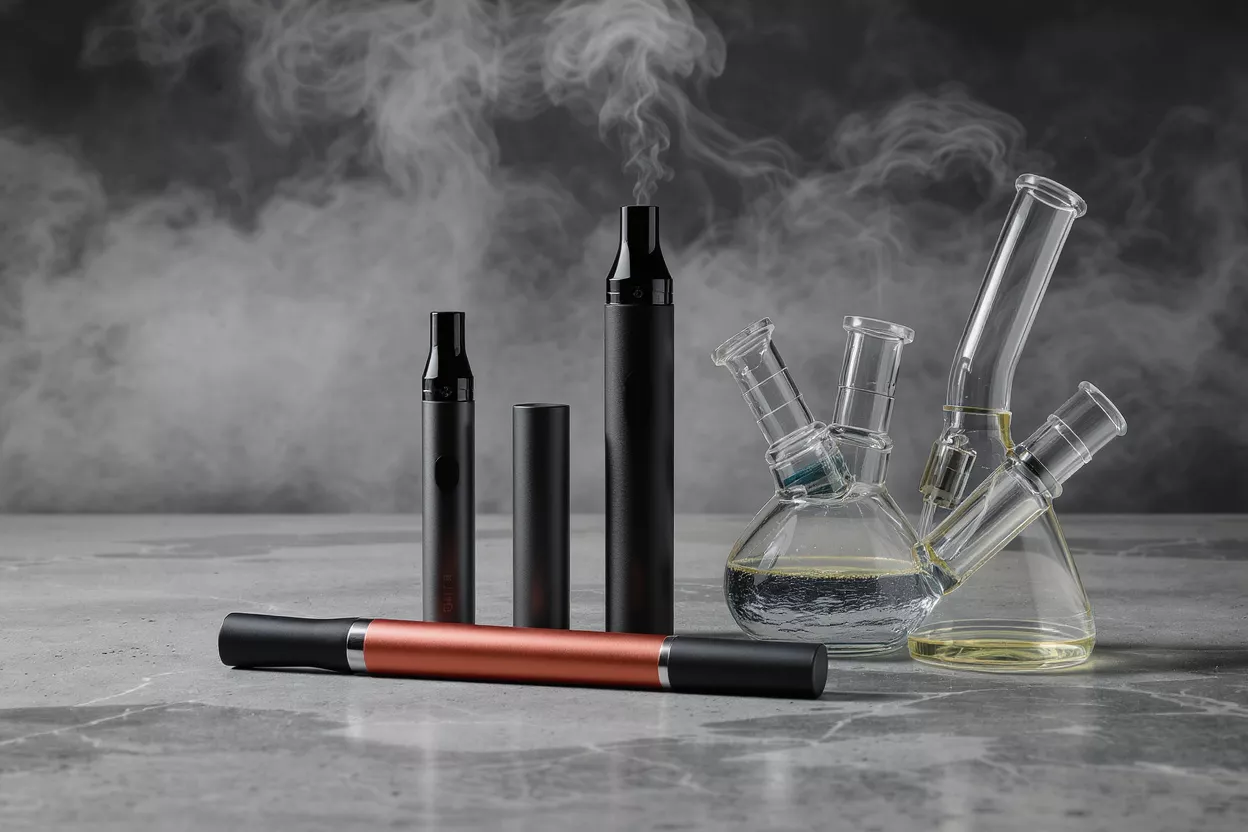 Various vape pens and glass bongs with smoke on a dark background.