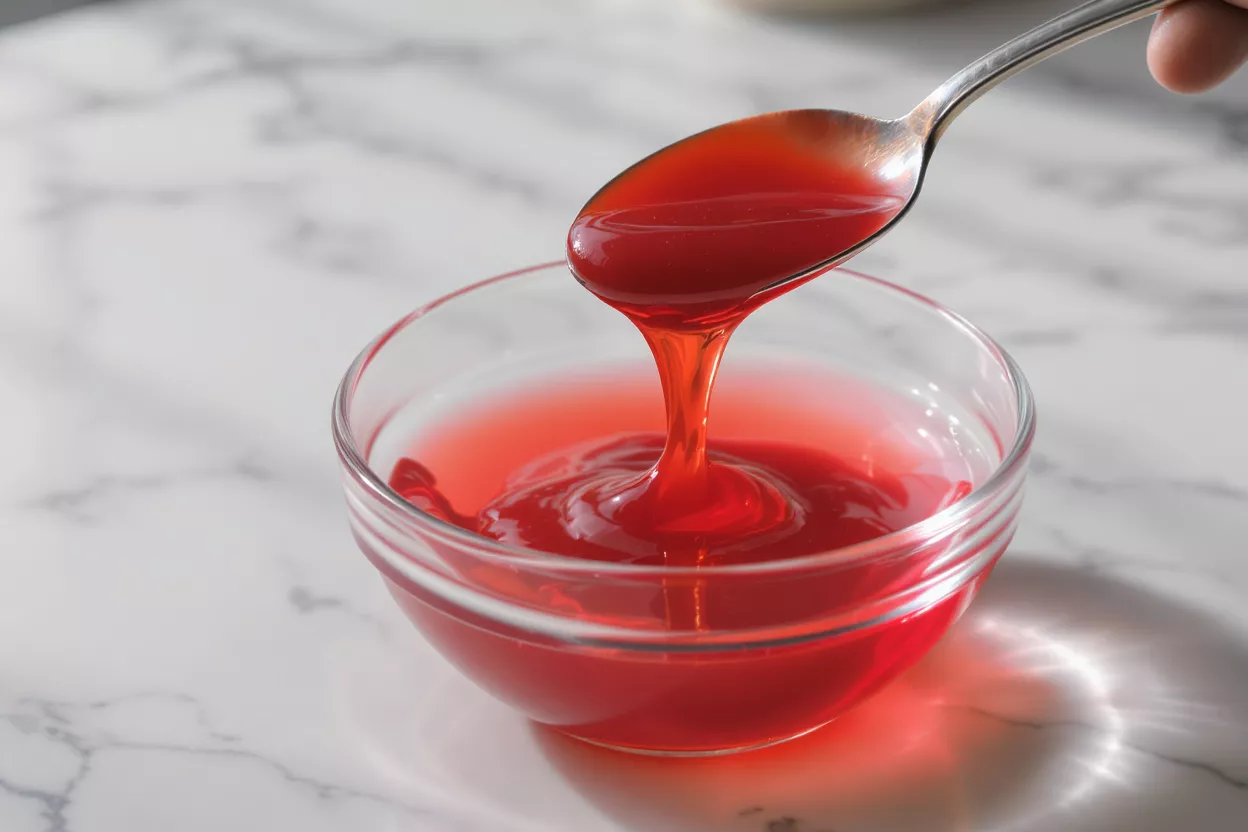 Bright red syrup pouring from a spoon into a clear glass bowl on marble.