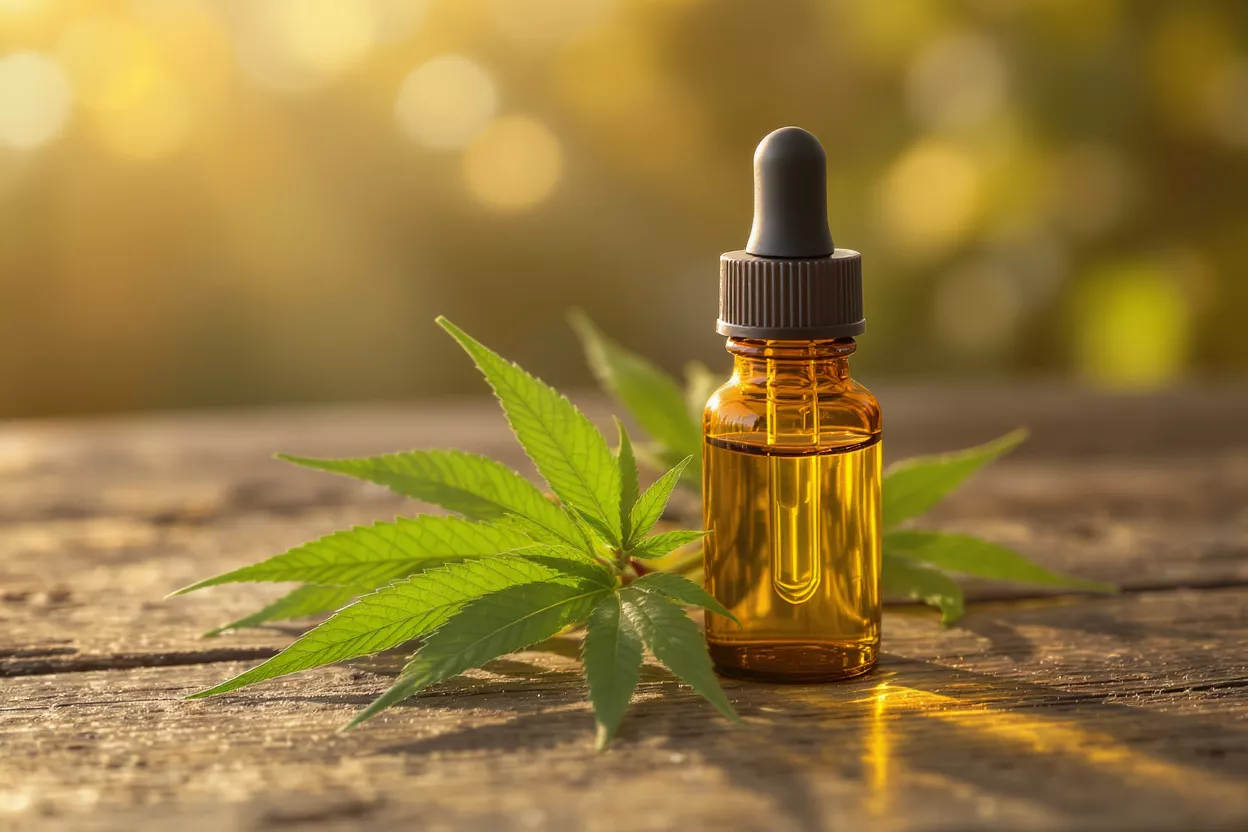 Amber CBD oil bottle with dropper next to a green hemp leaf on a wooden table.